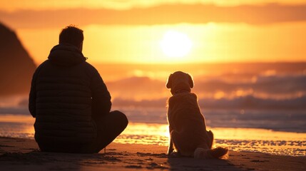 Peaceful sunset scene with a man and dog sitting on the beach, enjoying the golden hour with warm colors and tranquil ocean waves in the background