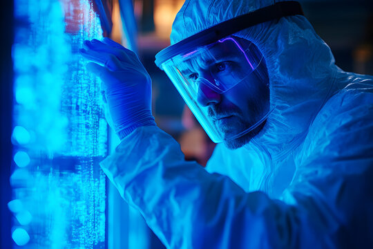 A scientist in a protective suit examines a surface with glowing neon light, conducting research in a futuristic lab with blue-tinted water and technology.