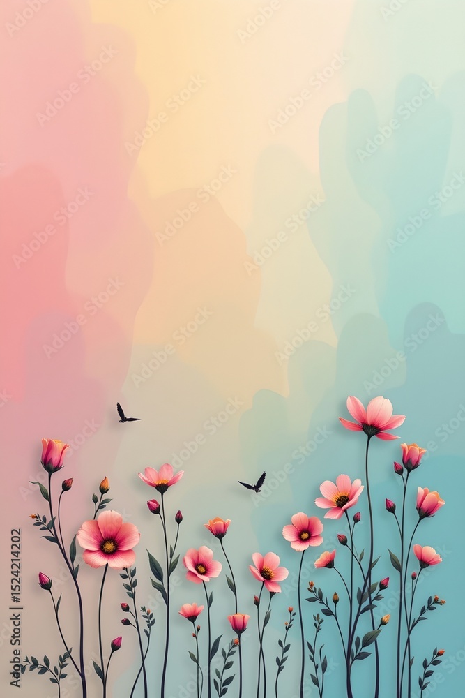 Poster gradient background with minimal outlines of hands and flowers
