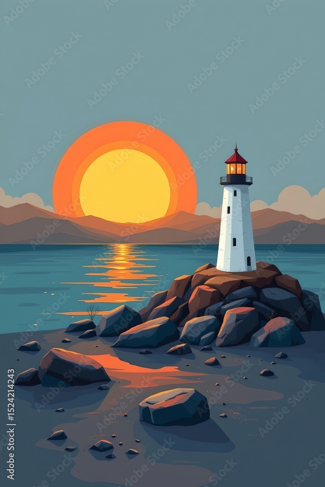 Poster abstract minimal scene with a lighthouse, rocks, and sunset using simple shapes