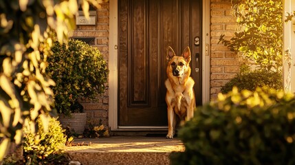 Friendly German Shepherd dog standing at a front door du sunny day with lush green plants and brick wall background, welcoming household pet