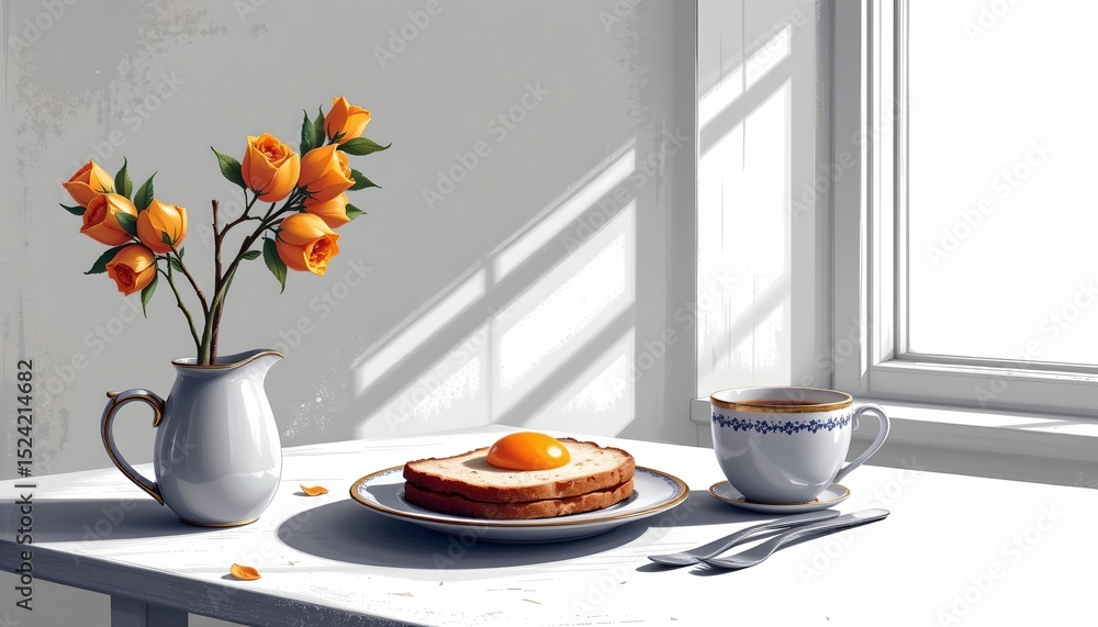 Poster abstract digital art capturing the essence of a breakfast scene with minimal line work.