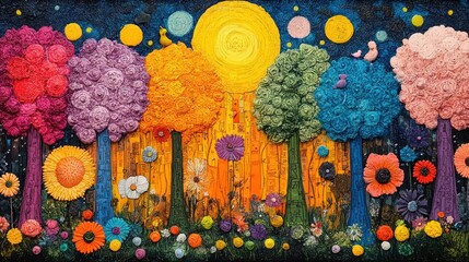Colorful textured trees, floral meadow, nighttime sky, whimsical art, wall decor