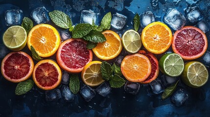 Citrus fruit slices, ice, mint, dark background, beverage recipe