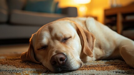 Adorable sleeping Labrador Retriever puppy lying on a cozy rug in a warmly lit living room with blurred background furniture and soft ambient light in a peaceful indoor setting