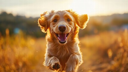 Happy energetic small dog running outdoors du golden hour in a field with blurred background, captu joyful movement and nature's light