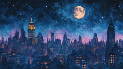 Nighttime Manhattan skyline, full moon, starry sky, city lights, artistic painting