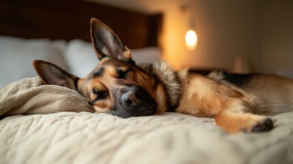 Peaceful dog sleeping on a cozy bed with soft bedding in a warm bedroom environment du nighttime relaxation and rest