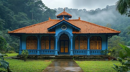 Blue colonial house, misty jungle, walkway, tourism
