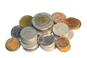 Pile and stack of coins isolated on transparent background.