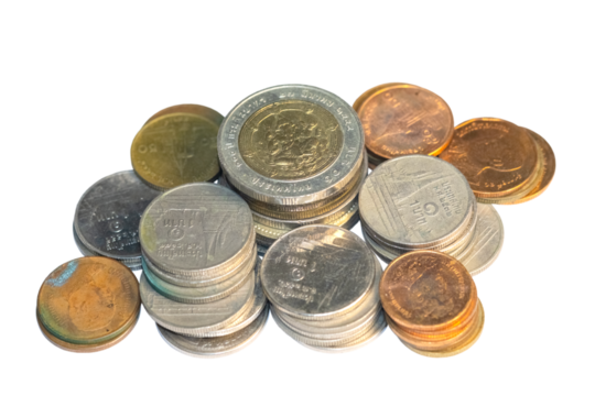 Pile and stack of coins isolated on transparent background.