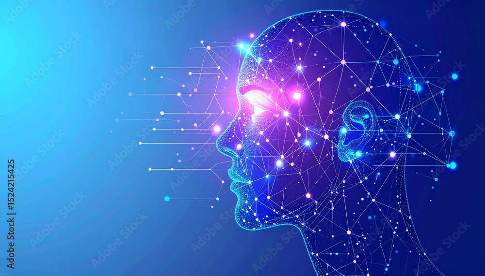 Fototapete flat modern illustration of a futuristic artificial intelligence face linked to neural network pathw