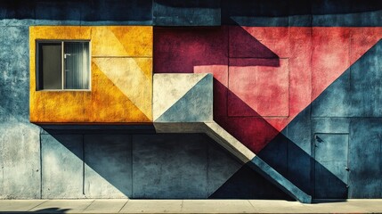 Urban geometric mural, sunny street, building facade, artistic shadows, design