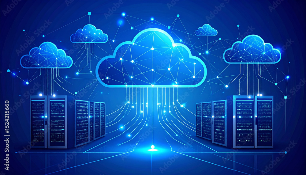 Fototapete minimalist tech illustration of cloud computing with ai integration, showing servers, data movement,
