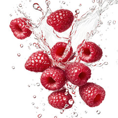Fresh raspberries splashing in water isolated on transparent background