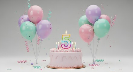 Festive Pink Cake with Number Five Candle and Pastel Balloons on White