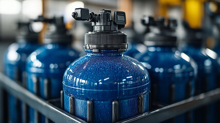 Blue gas cylinders in factory warehouse storage
