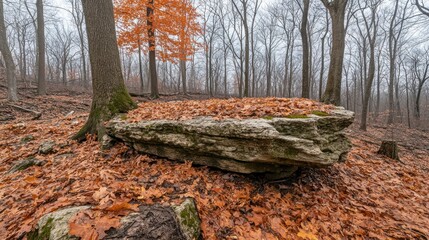 Autumn forest rock formation, misty background, nature scene, hiking