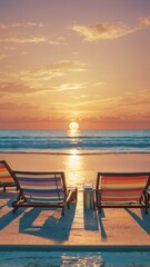 Serene Sunset Beach Scene Colorful Lounge Chairs Facing Ocean at Dawn