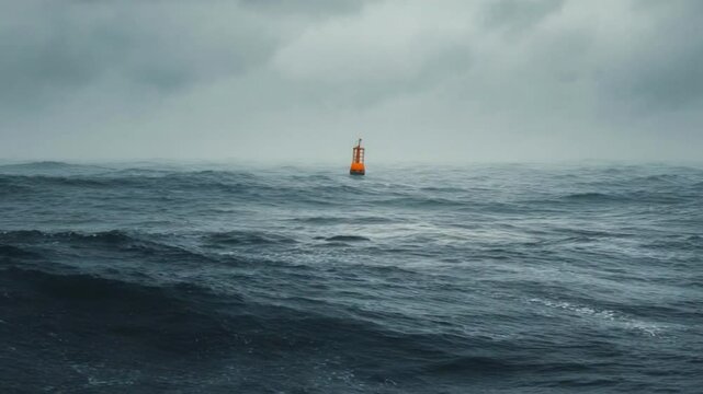 Ocean Beacon Under a Stormy Sky: A solitary buoy floats on a turbulent ocean, amidst a dramatic, cloud-filled sky. The scene evokes a sense of solitude and resilience against the power of the sea.