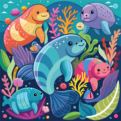 Fototapeta premium Cartoon ocean animals vector illustration set with funny fish, octopus, and dolphin