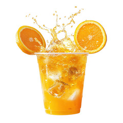 Refreshing orange juice splash in cup isolated on transparent background