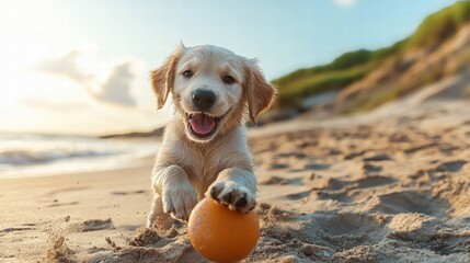 Playful joyful dog puppy lying on sandy beach with open mouth and bright eyes du sunny day, captu happiness and innocence in outdoor coastal environment