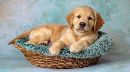 Adorable Golden Retriever puppy lying comfortably in a soft wicker basket with a plush blanket on a colorful textured background for pet lovers and dog enthusiasts