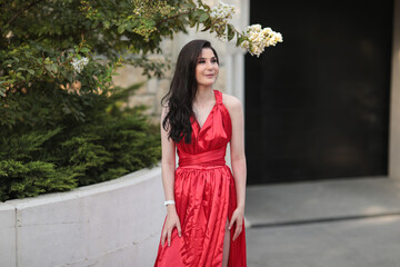 Beautiful young girl with long dark hair in a red long dress in summer