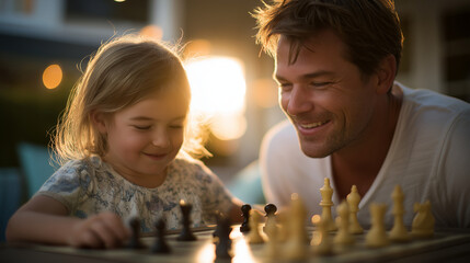 A father teaching his daughter chess during sunset