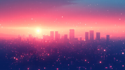 Cityscape at sunset with glowing lights and hazy sky