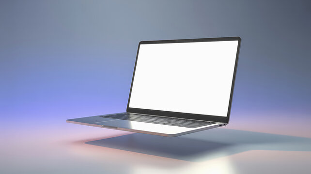 Modern floating laptop with blank screen and shadow against a blue and pink gradient background