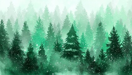 Fototapeta premium Enchanted Evergreen Forest Watercolor Painting of a Snowy Winter Wonderland