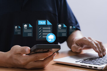 Digital property tax filing and real estate management concept with man using smartphone and laptop to manage housing tax forms, showing mobile access, document checklist, and online submission.