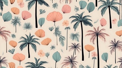 Pastel Tropical Palm Tree and Flower Seamless Pattern Illustration