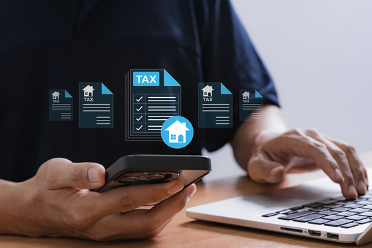 Digital property tax filing and real estate management concept with man using smartphone and laptop to manage housing tax forms, showing mobile access, document checklist, and online submission.