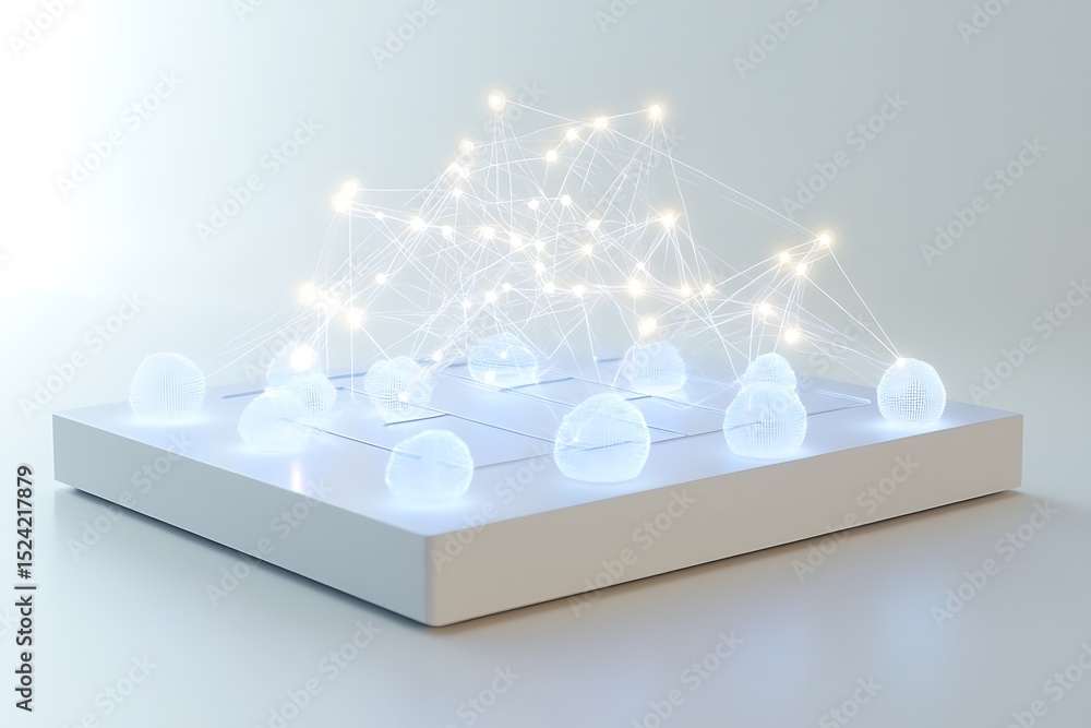 Poster streamlined cloud icon features network-style interconnections.