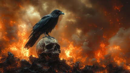raven perched on weathered human skull under apocalyptic smoky sky with distant fires, dark gothic atmosphere of mystery and desolation