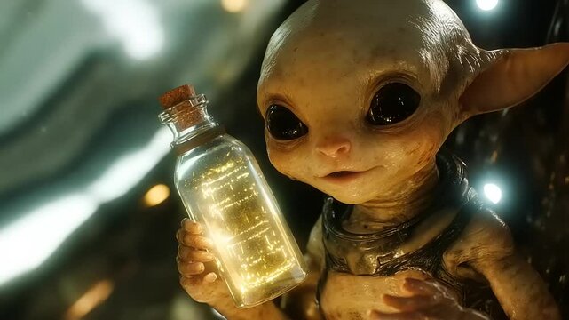 Small mystical creature holding a glowing potion in a magical forest setting with soft lights