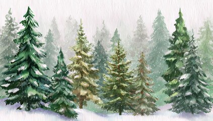 Obraz premium Enchanted Winter Forest Watercolor Painting of Snow-Covered Pine Trees