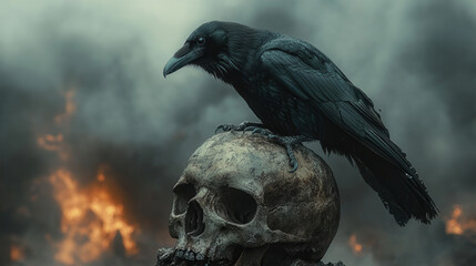 Fototapeta premium raven perched on weathered human skull under apocalyptic smoky sky with distant fires, dark gothic atmosphere of mystery and desolation