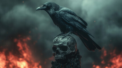 raven perched on weathered human skull under apocalyptic smoky sky with distant fires, dark gothic atmosphere of mystery and desolation