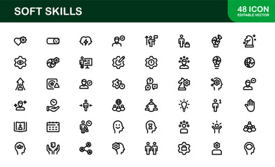 Soft Skills Icon Set Featuring Communication, Leadership, Teamwork, and Creativity Symbols in Clean Vector Style