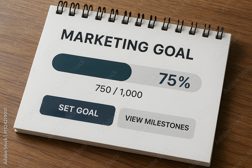 Aufkleber a marketing goal tracker on a notebook page shows 75% progress with options to set goals and view mi