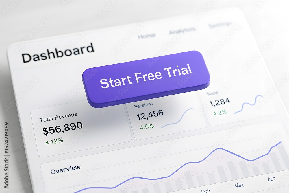 Poster a detailed digital dashboard displays financial graphs and a start free trial button. concept of dat