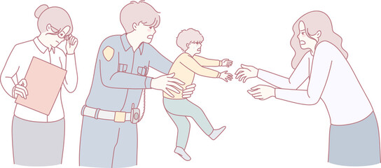 This is a visual representation of a complex child custody situation with parents and a police officer involved