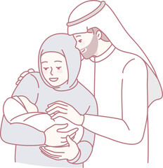 A joyful couple warmly embraces their newborn baby, celebrating the love of family and cherished new beginnings