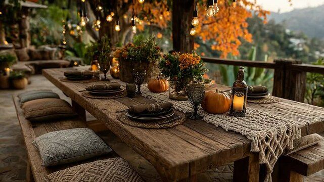 Elegant fall dining table outdoor setting with pumpkins and flowers on a rustic wooden table