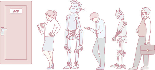 Illustration of the shift from human to robotic workforce, emphasizing employment and technological changes