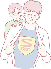 A cheerful illustration shows a dad revealing a colorful superhero shirt while his playful child stands behind him